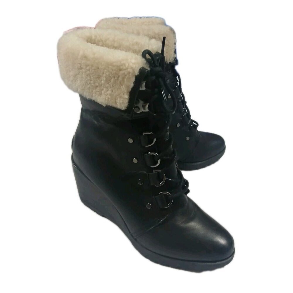 Sorel‎ After Hours Lace-Up Faux Shearling Boots Black Size 9 Wedge Winter